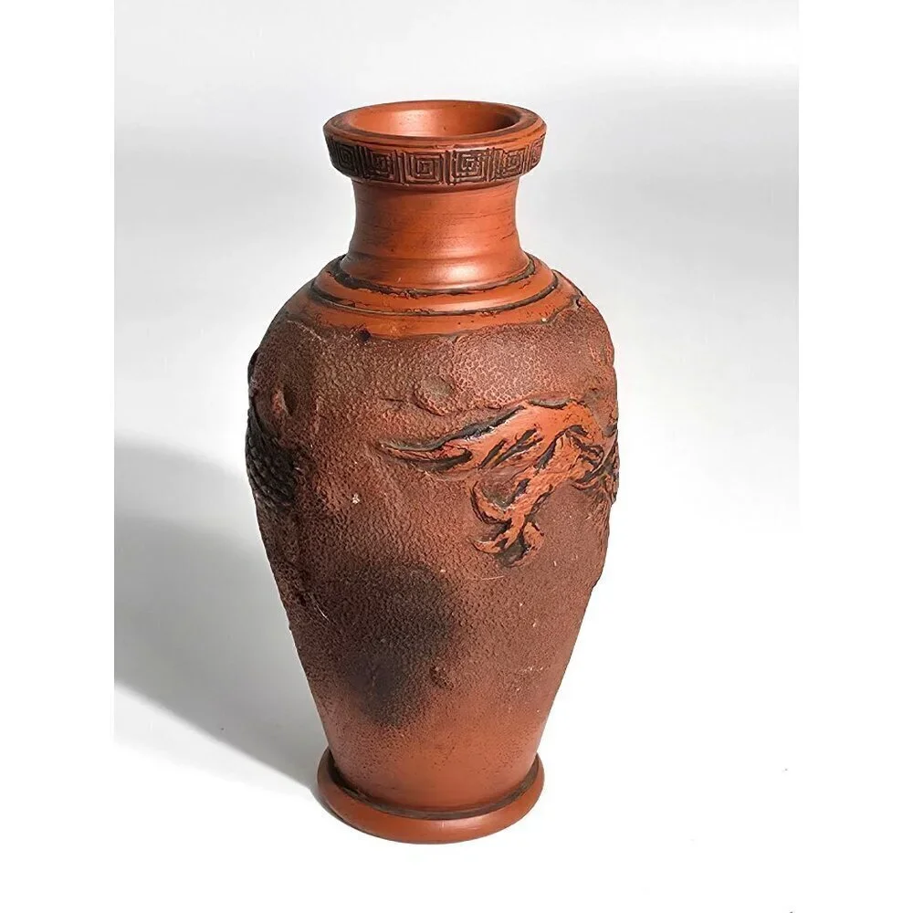 Tokonama Red Clay Dragon Motif Vase Textured Finish Intricate Dragon Carvings